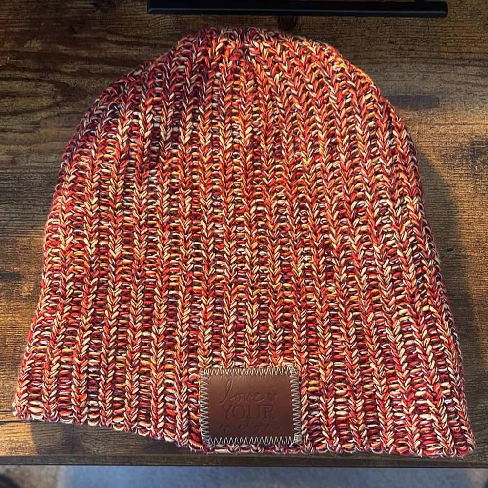 Love Your Melon yellow, maroon, red, orange beanie